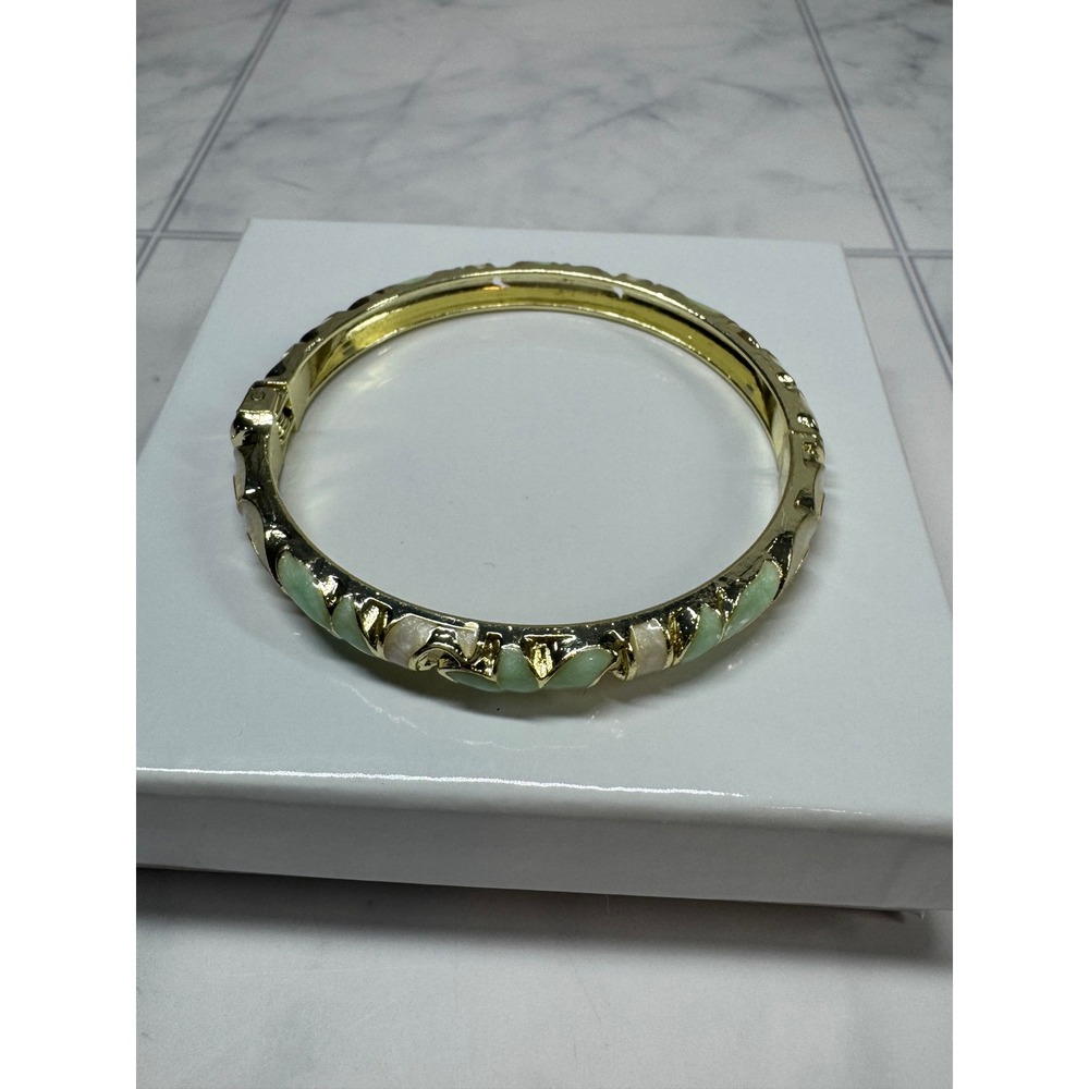Yiwu Gold Tone Enamel Floral Hinged Bangle Bracelet Teal Cream NWT